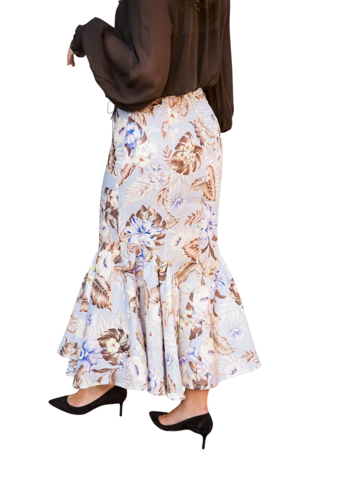 Zimmermann Coco Fit + Flare Midi Skirt | Powder Blue/Brown Floral, Belt, Linen