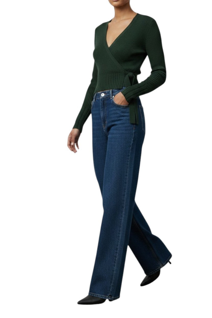 Zimmermann Ribbed Wrap Cardigan |Dark Green, Crop, Tie Close, V Neck