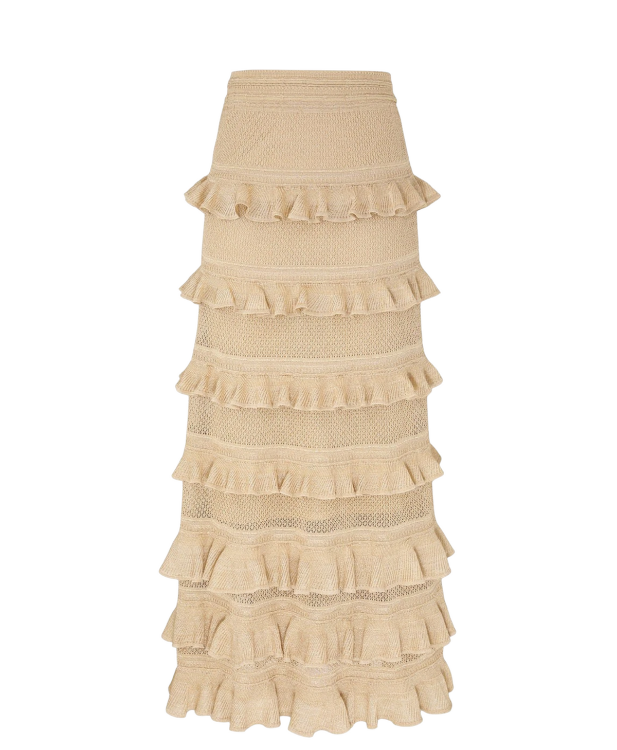 Zimmermann Hypnotic lace Midi Skirt | Midi, Metallic Gold, Tiered, Knit, Ruffle