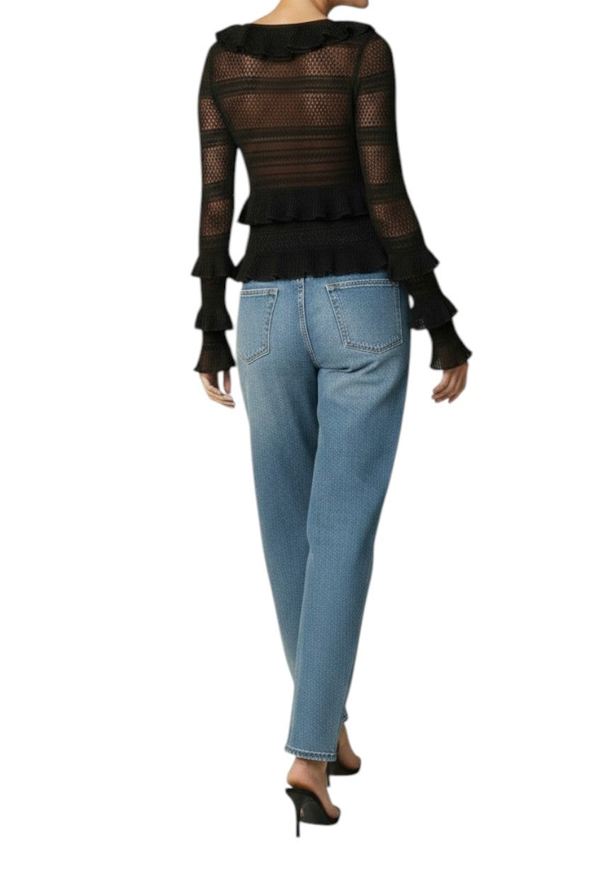 Zimmermann Crush Frilled V Neck Top | Black, Long Sleeves, Sheer, Ruffles