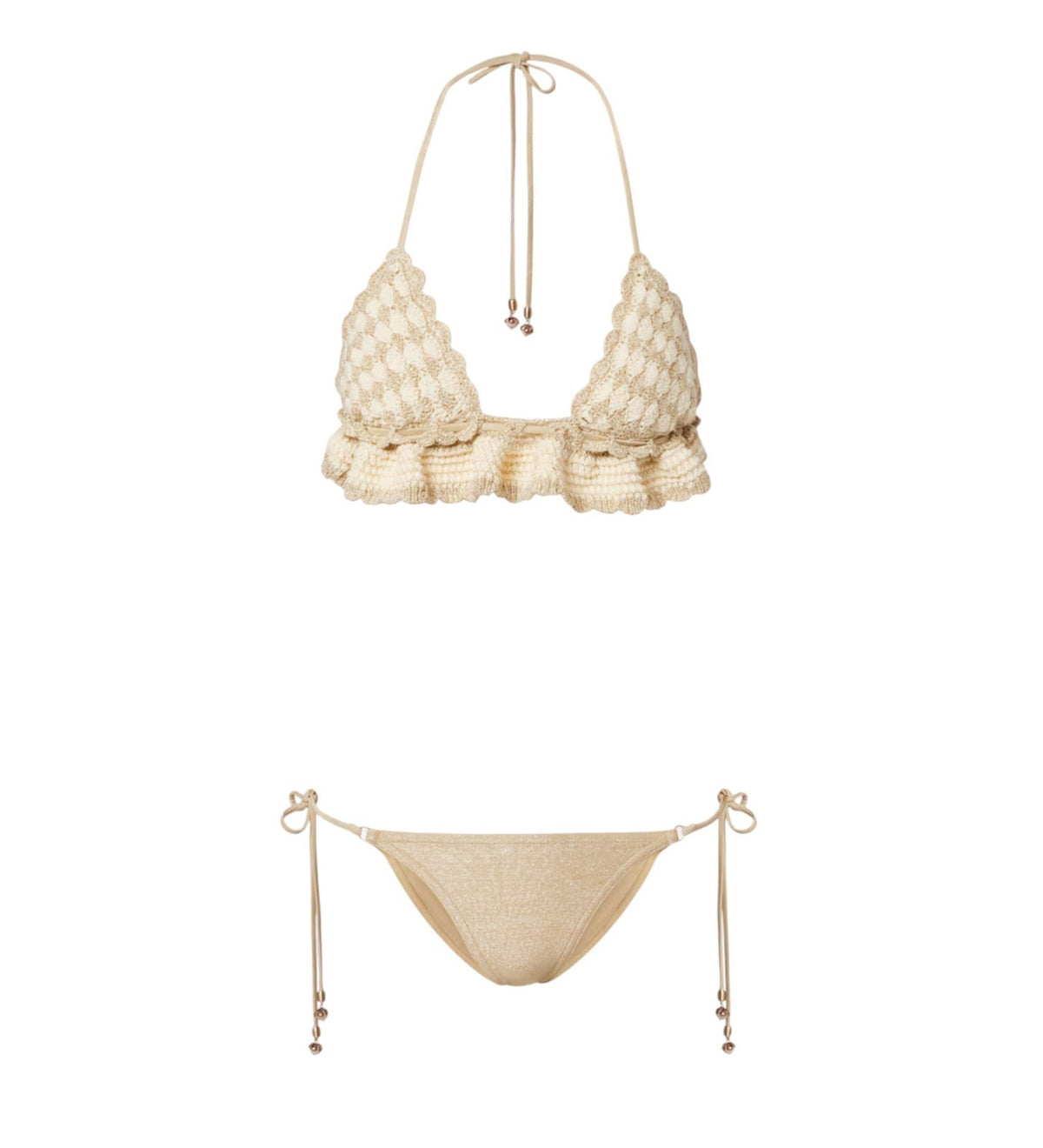 Zimmermann Wanderlust Crochet Tri Bikini |Hand-made, Metallic Gold/Cream, Ruffle