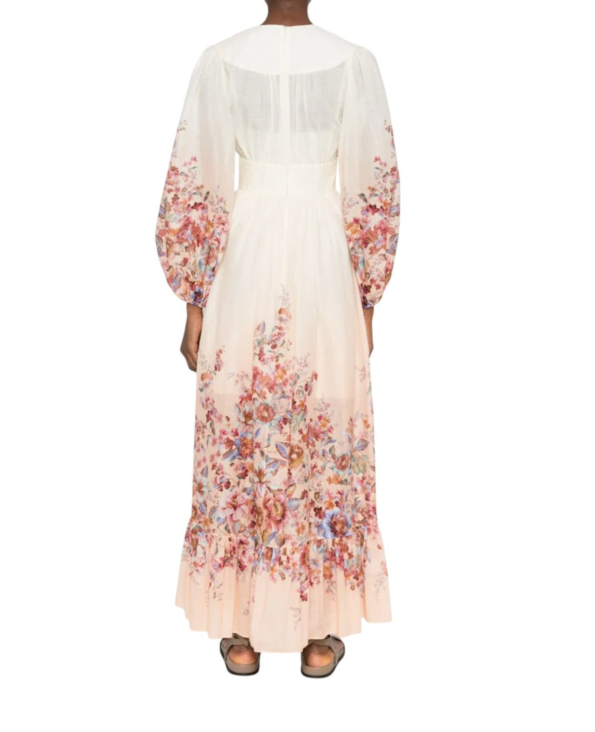 Zimmermann Awaken Plunge Maxi Dress | Ivory/White Floral, Puff Sleeves, Buttons
