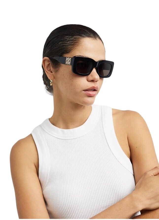 Oroton Alice Sunglasses | Black Acetate, Rectangle, Chunky, Gold Logo, Hand Made