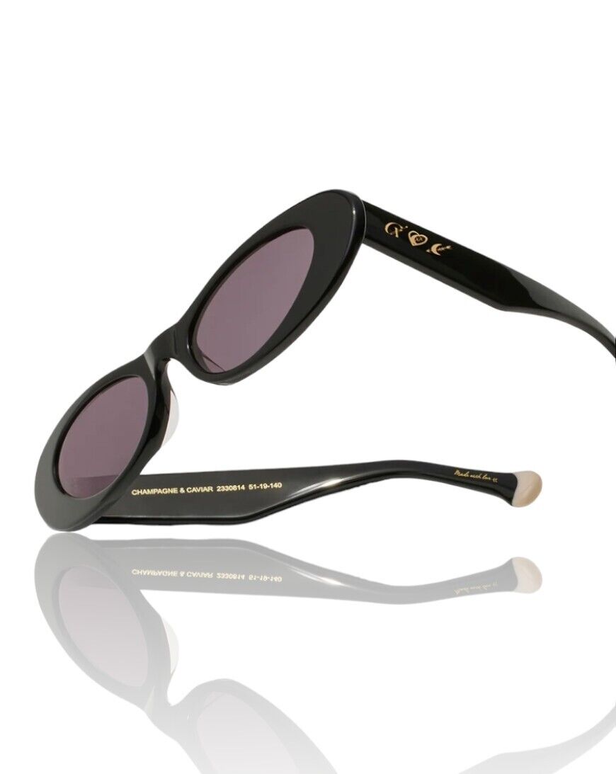 Camilla Champagne & Caviar Sunglasses | Solid Black, Cats Eye, Hand-Made, Slim