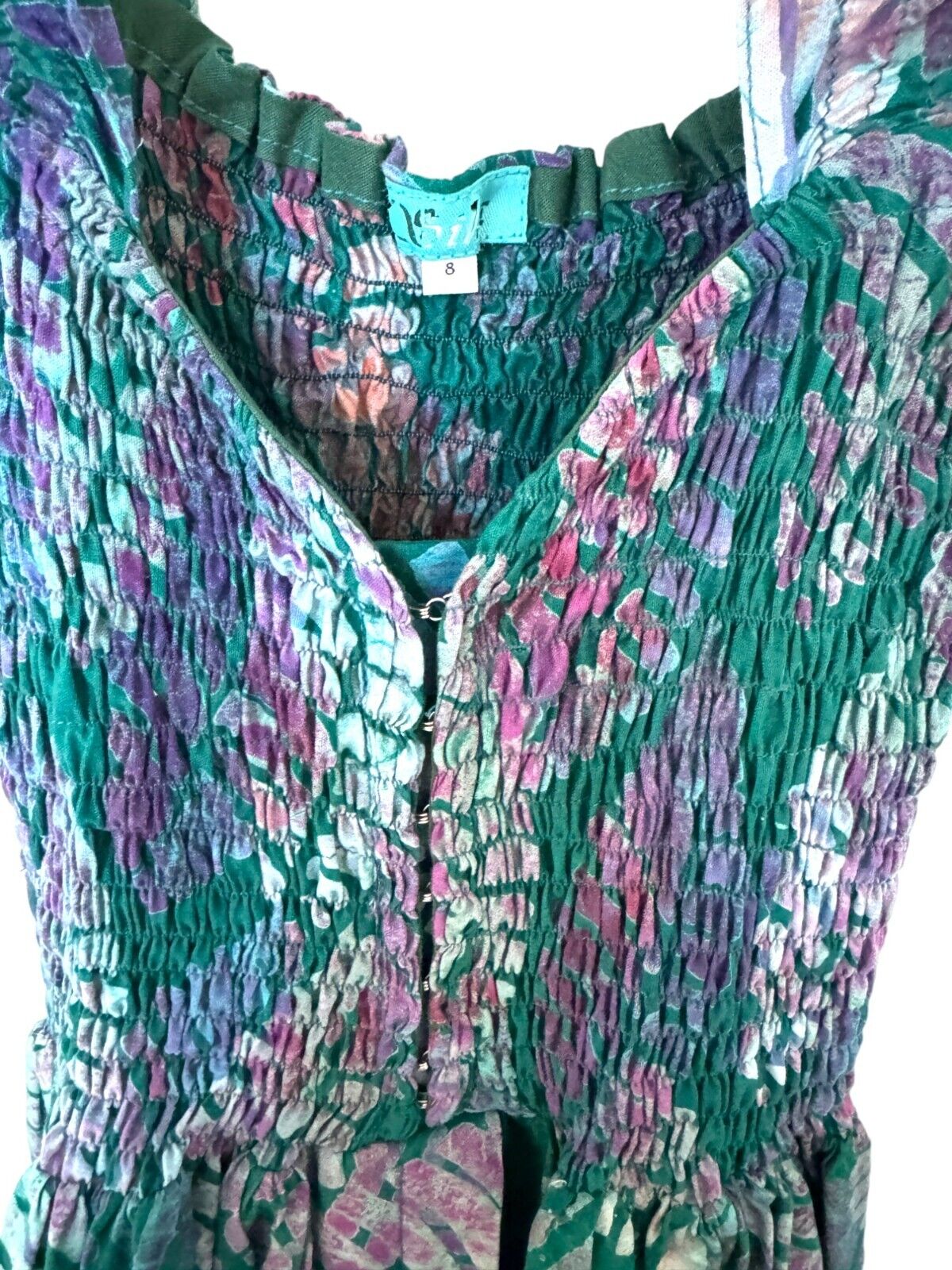 Sika Traci Dress |US 8, AU/UK 12, Shirred, Green Leaf, Buttons, Slit, Eco Friend