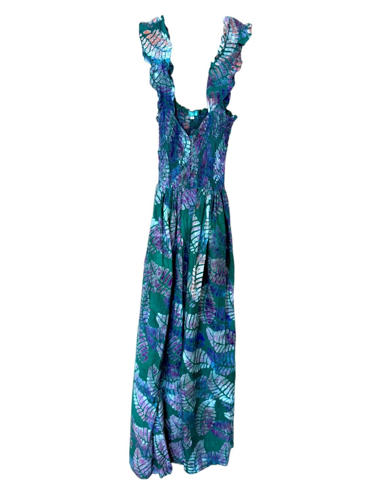 Sika Traci Dress |US 8, AU/UK 12, Shirred, Green Leaf, Buttons, Slit, Eco Friend