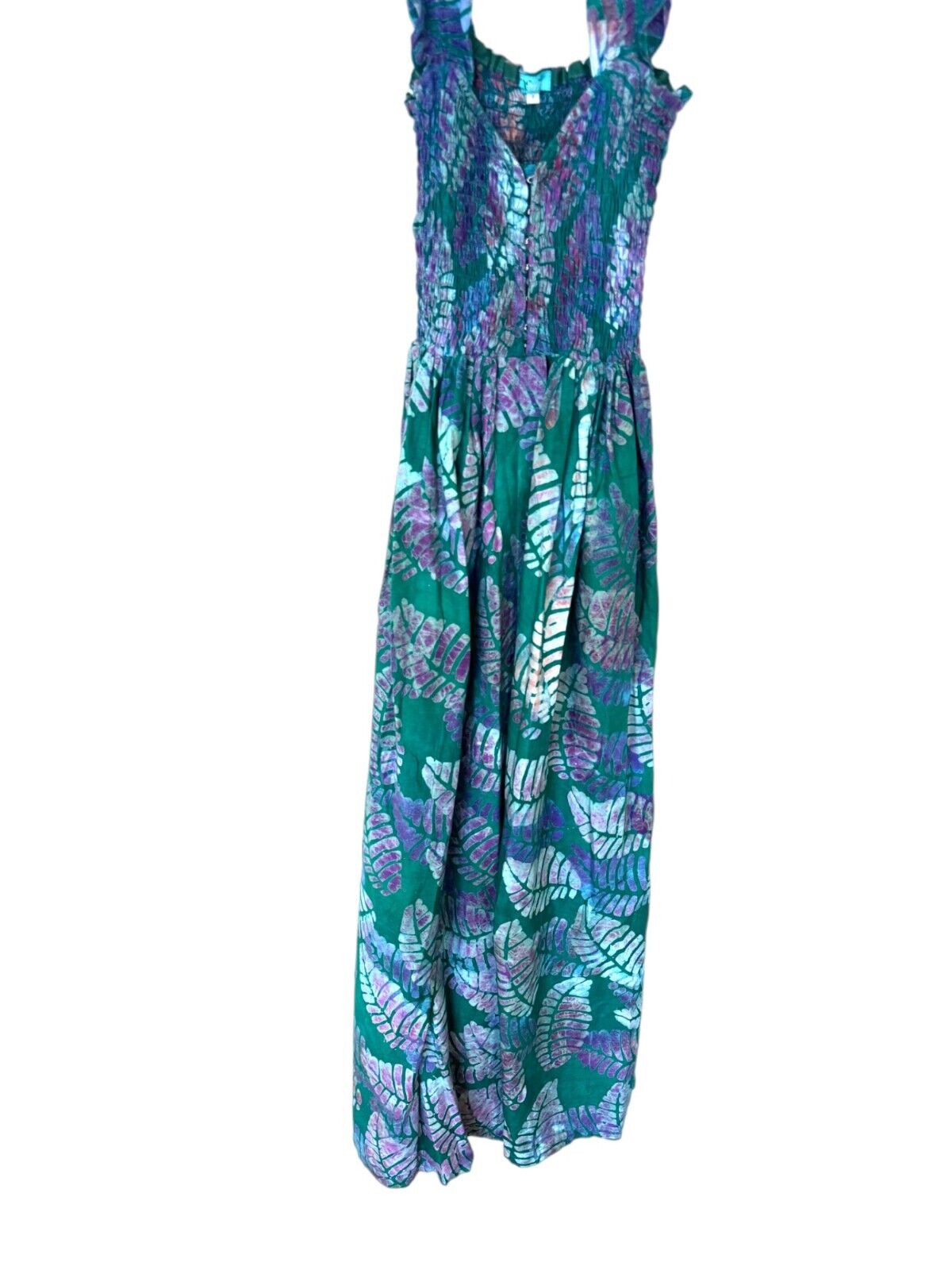 Sika Traci Dress |US 8, AU/UK 12, Shirred, Green Leaf, Buttons, Slit, Eco Friend