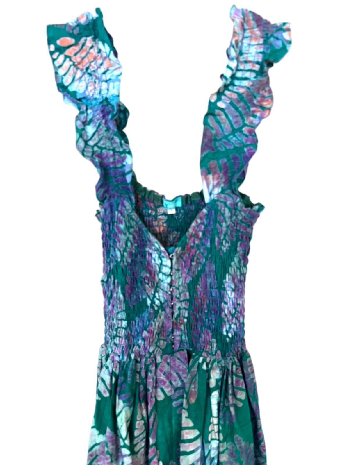 Sika Traci Dress |US 8, AU/UK 12, Shirred, Green Leaf, Buttons, Slit, Eco Friend