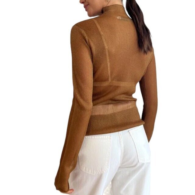 CAMILLA AND MARC Jade Lurex Knit Top |Bronze, Slip, Sheer, Long Sleeves, Blouse