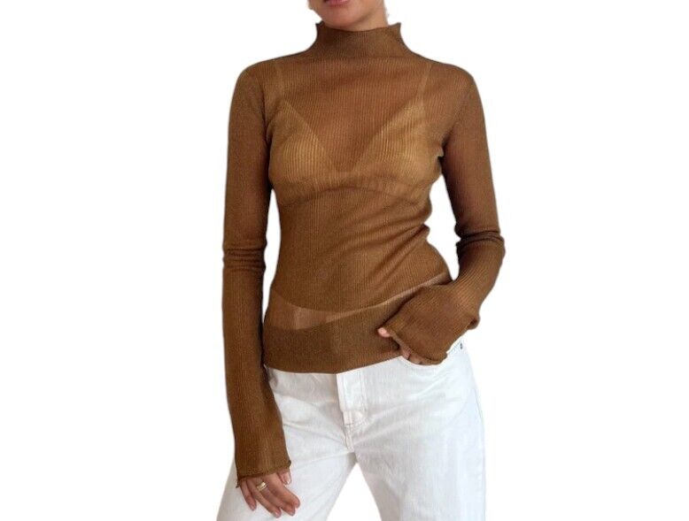 CAMILLA AND MARC Jade Lurex Knit Top |Bronze, Slip, Sheer, Long Sleeves, Blouse