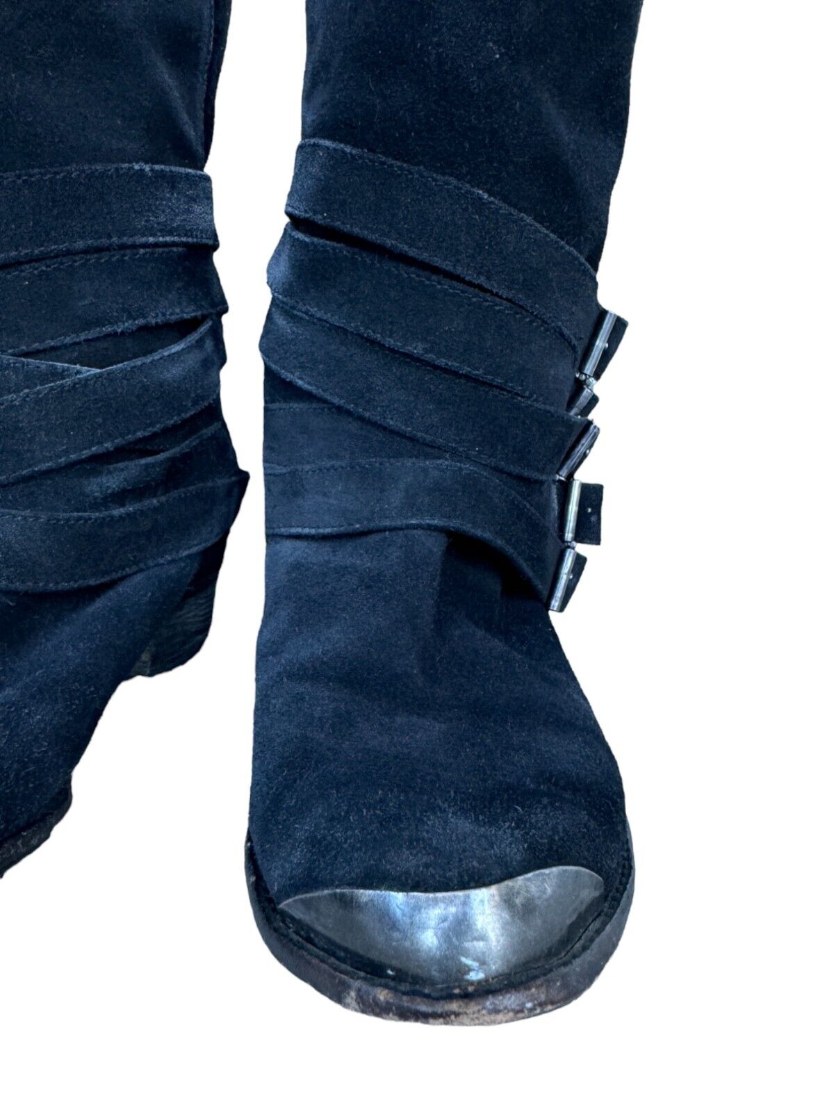 Splendid Strapped Buckles Mid-Calf Cowboy Boots |Black,Suede, Toe Cap, Sz 10 US