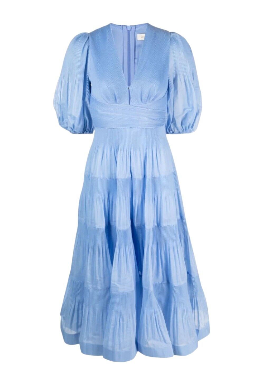 Zimmermann Pleated Midi Dress Plisse Blue Puff Sleeves V Neck Zimmermann Pleated Midi Dress Plisse Blue Puff Sleeves V Neck