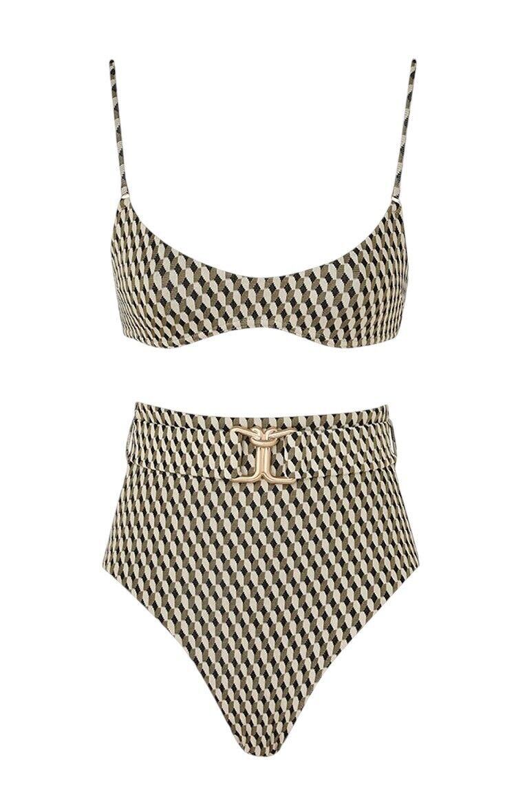 Zimmermann Lexi Textured Scoop Bikini | Black/White/Gold, High Waist, Belt