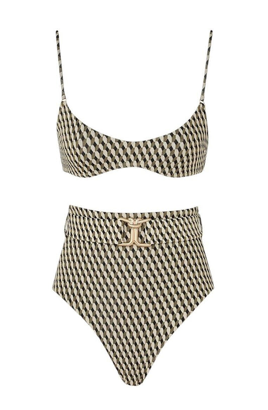 Zimmermann Lexi Textured Scoop Bikini | Black/White/Gold, High Waist, Belt
