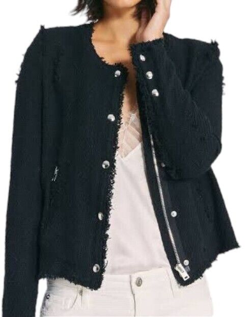 IRO Agnette Tweed Motorcycle Jacket | Black/Silver, Sz 38, 10 AU, Distressed