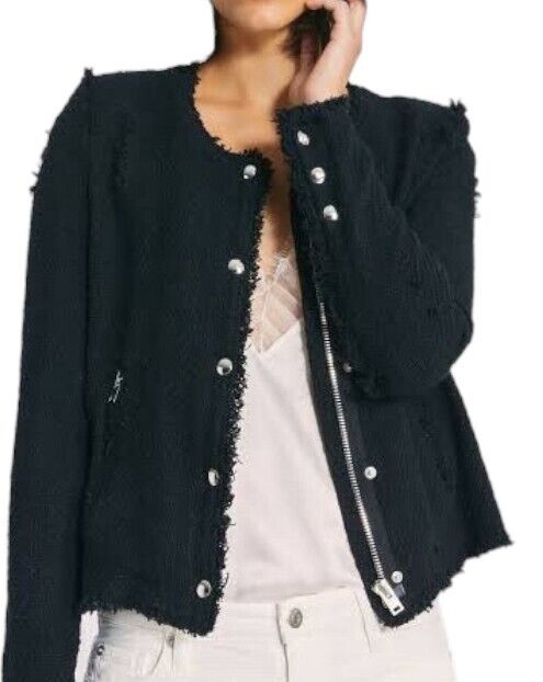 IRO Agnette Tweed Motorcycle Jacket | Black/Silver, Sz 38, 10 AU, Distressed