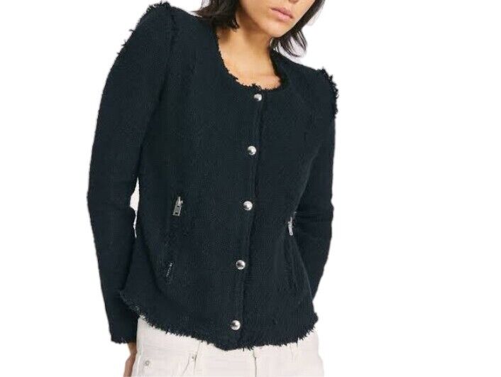 IRO Agnette Tweed Motorcycle Jacket | Black/Silver, Sz 38, 10 AU, Distressed