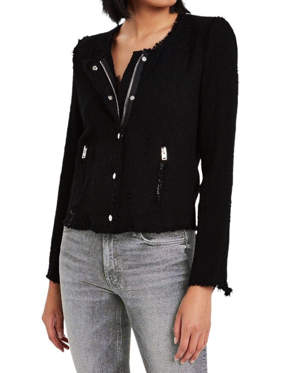 IRO Agnette Tweed Motorcycle Jacket | Black/Silver, Sz 38, 10 AU, Distressed