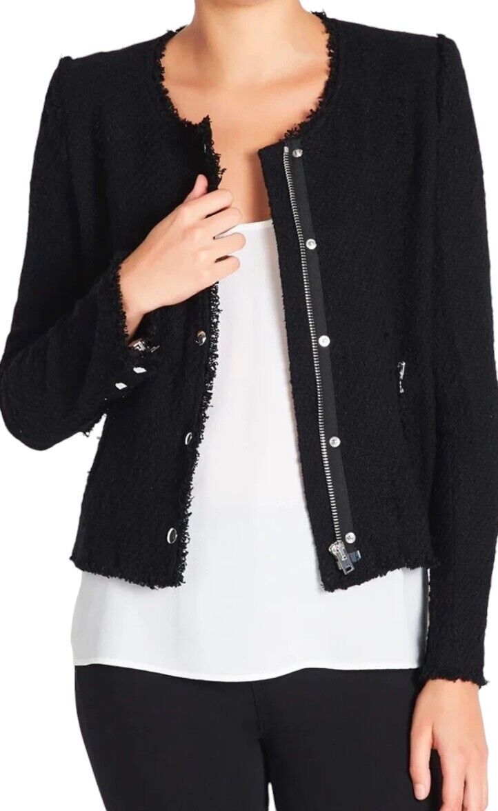 IRO Agnette Tweed Motorcycle Jacket | Black/Silver, Sz 38, 10 AU, Distressed