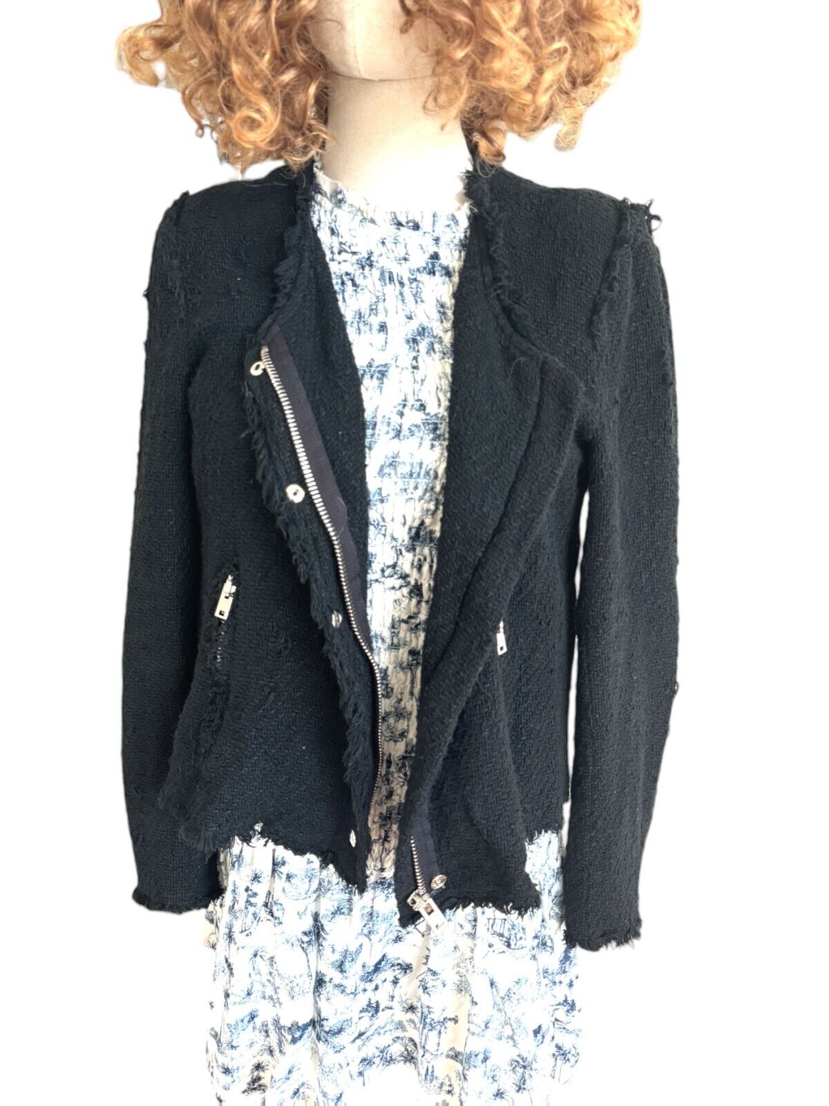 IRO Agnette Tweed Motorcycle Jacket | Black/Silver, Sz 38, 10 AU, Distressed