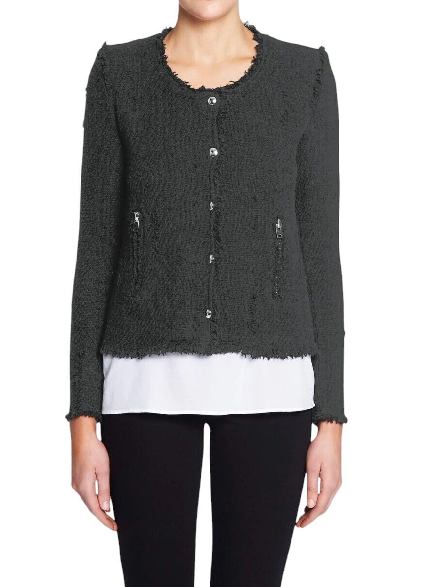 IRO Agnette Tweed Motorcycle Jacket | Black/Silver, Sz 38, 10 AU, Distressed