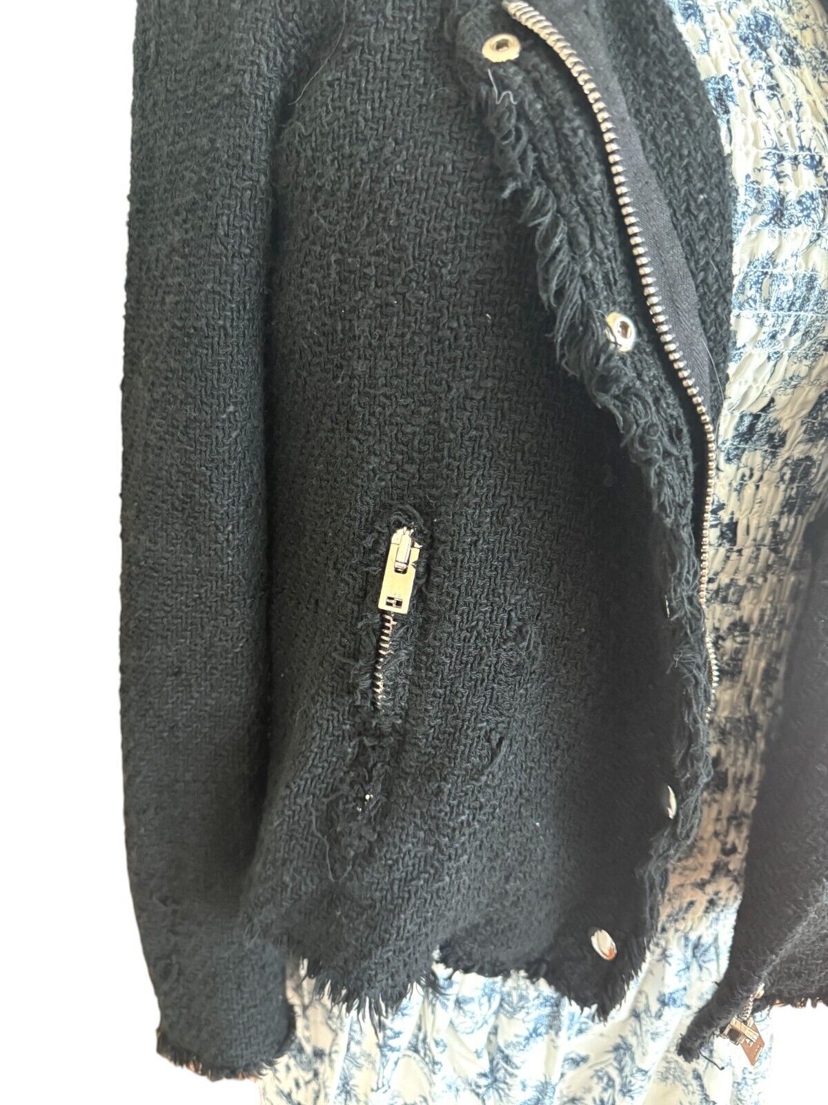 IRO Agnette Tweed Motorcycle Jacket | Black/Silver, Sz 38, 10 AU, Distressed