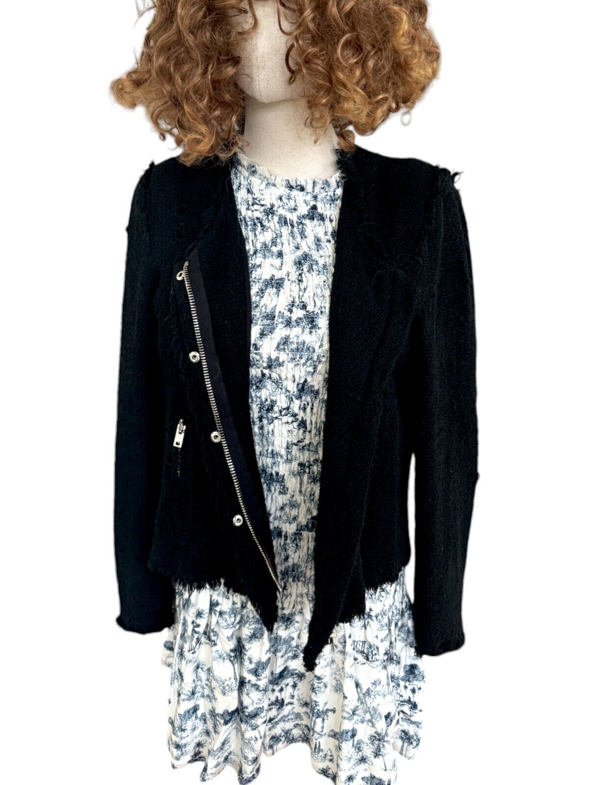 IRO Agnette Tweed Motorcycle Jacket | Black/Silver, Sz 38, 10 AU, Distressed