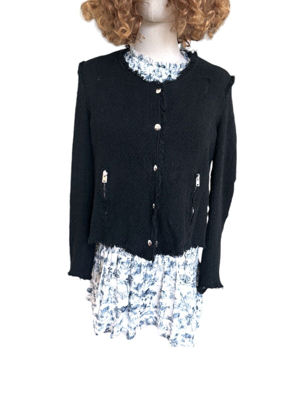IRO Agnette Tweed Motorcycle Jacket | Black/Silver, Sz 38, 10 AU, Distressed