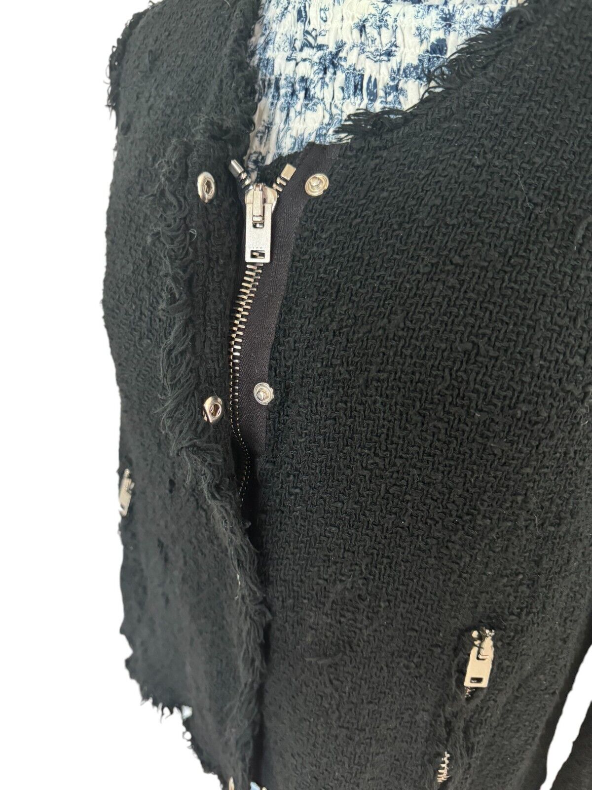 IRO Agnette Tweed Motorcycle Jacket | Black/Silver, Sz 38, 10 AU, Distressed
