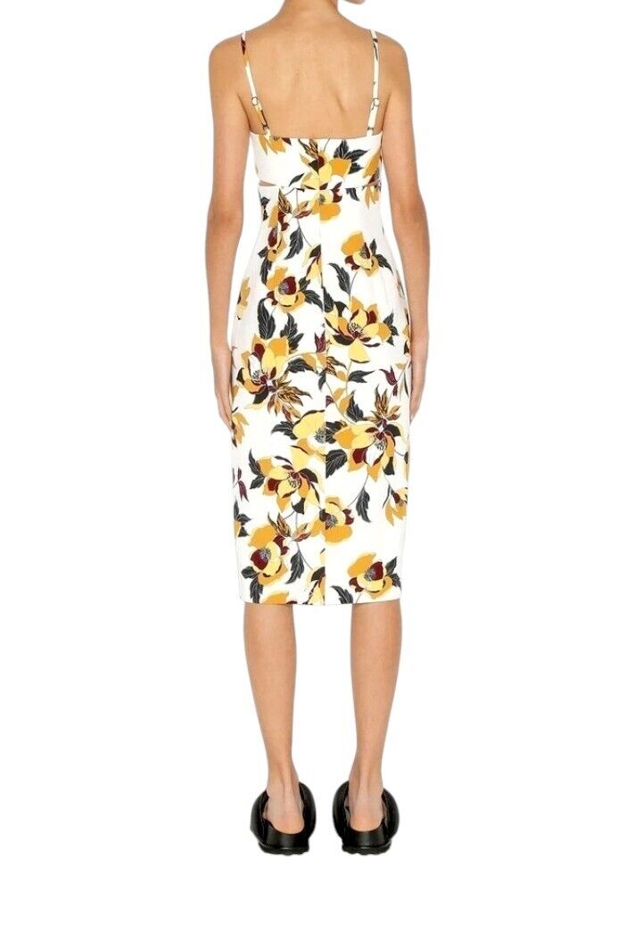 CUE Floral Midi Dress | Pencil, Yellow/black/White/Gold Floral, Side Cutouts