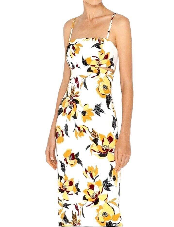 CUE Floral Midi Dress | Pencil, Yellow/black/White/Gold Floral, Side Cutouts