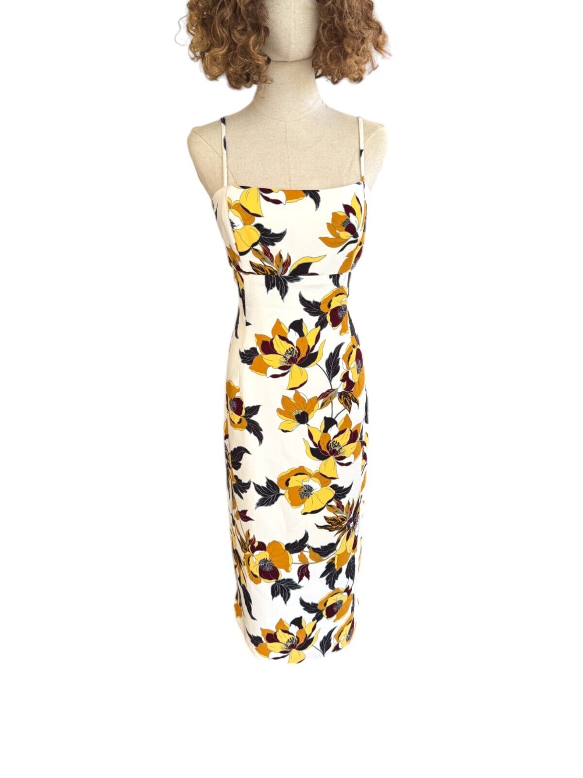 CUE Floral Midi Dress | Pencil, Yellow/black/White/Gold Floral, Side Cutouts