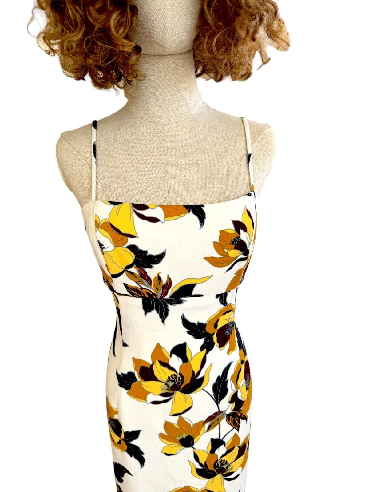 CUE Floral Midi Dress | Pencil, Yellow/black/White/Gold Floral, Side Cutouts