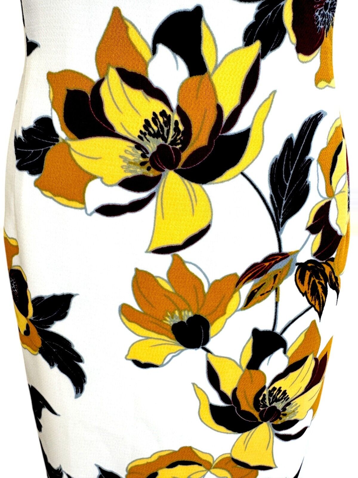 CUE Floral Midi Dress | Pencil, Yellow/black/White/Gold Floral, Side Cutouts