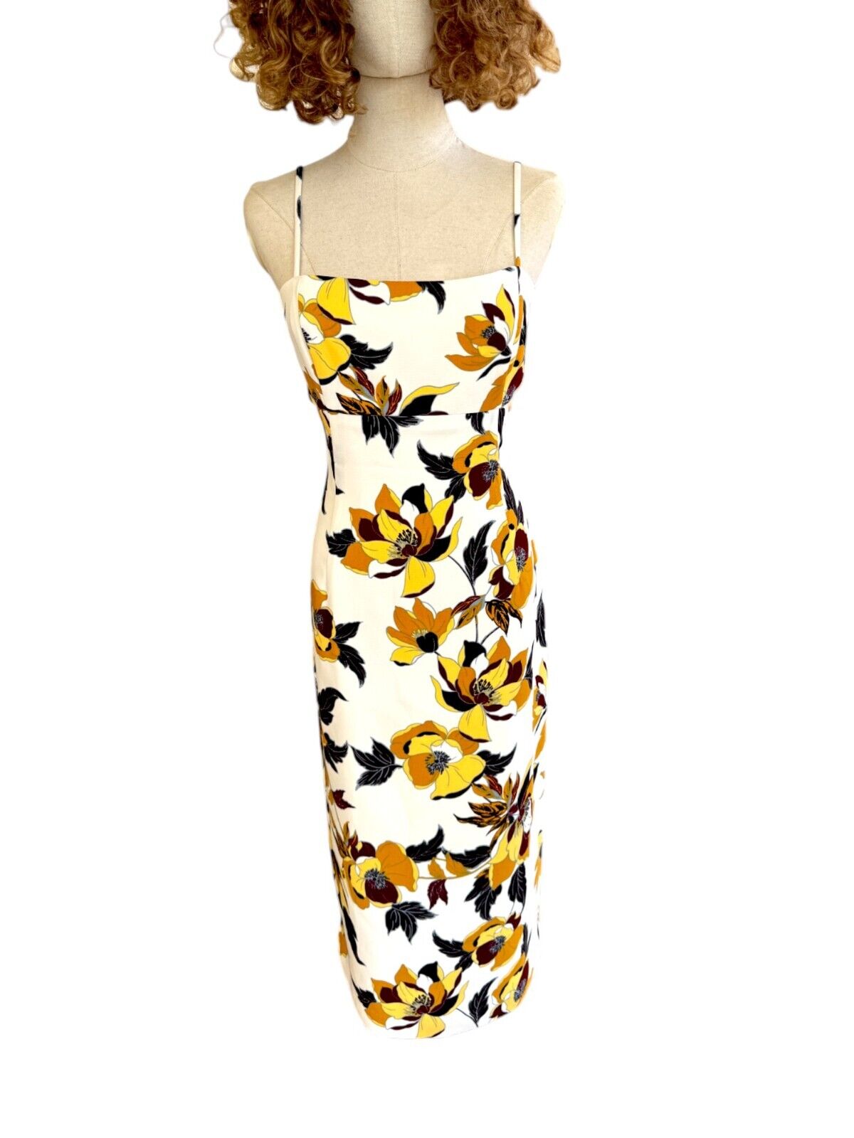 CUE Floral Midi Dress | Pencil, Yellow/black/White/Gold Floral, Side Cutouts