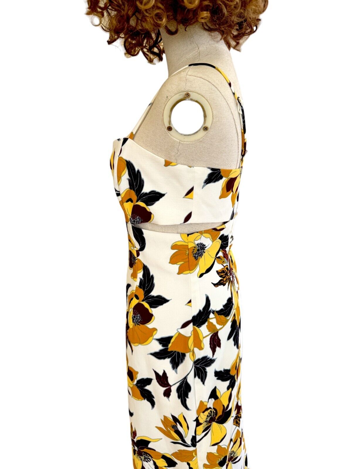 CUE Floral Midi Dress | Pencil, Yellow/black/White/Gold Floral, Side Cutouts