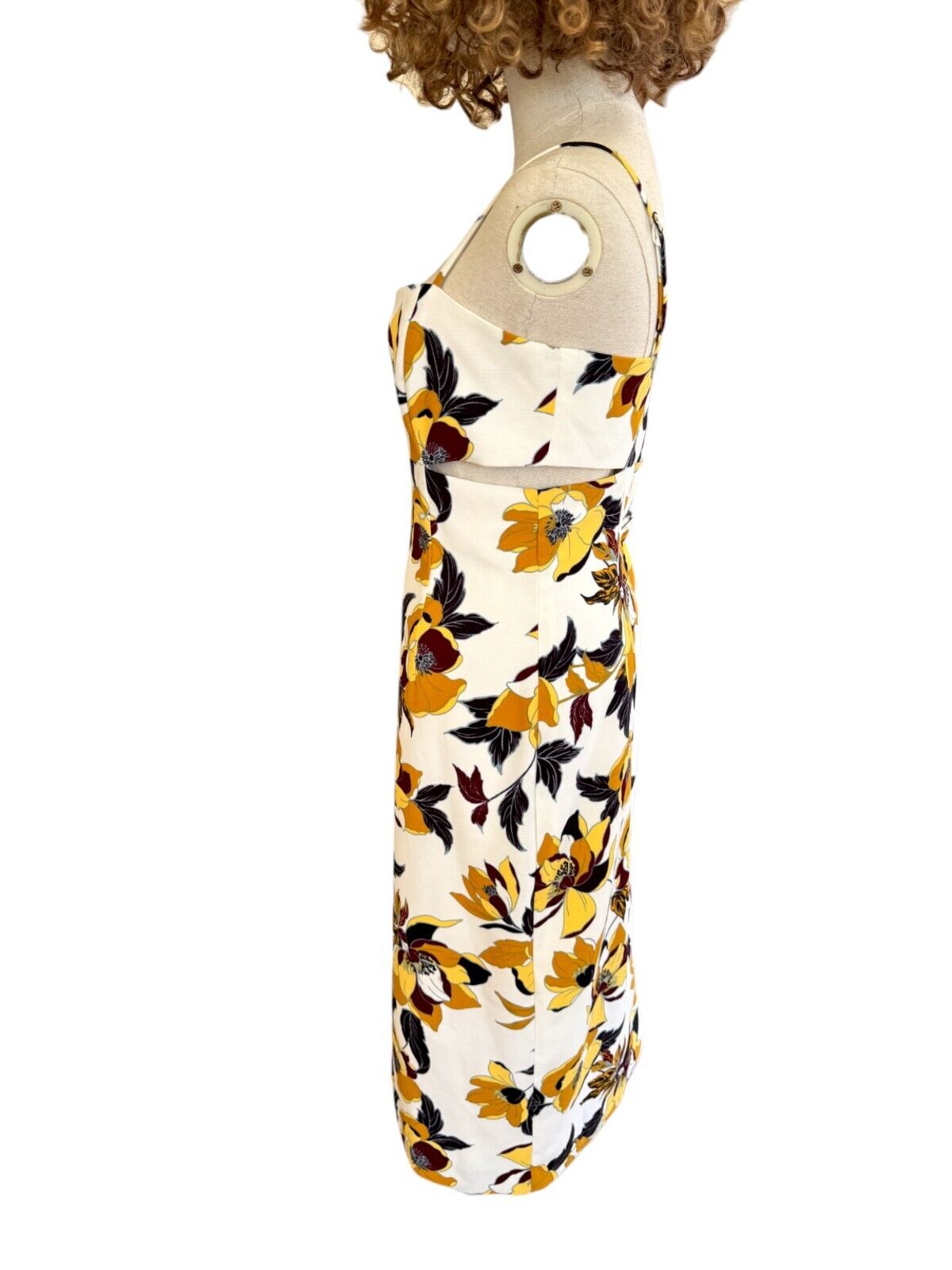 CUE Floral Midi Dress | Pencil, Yellow/black/White/Gold Floral, Side Cutouts