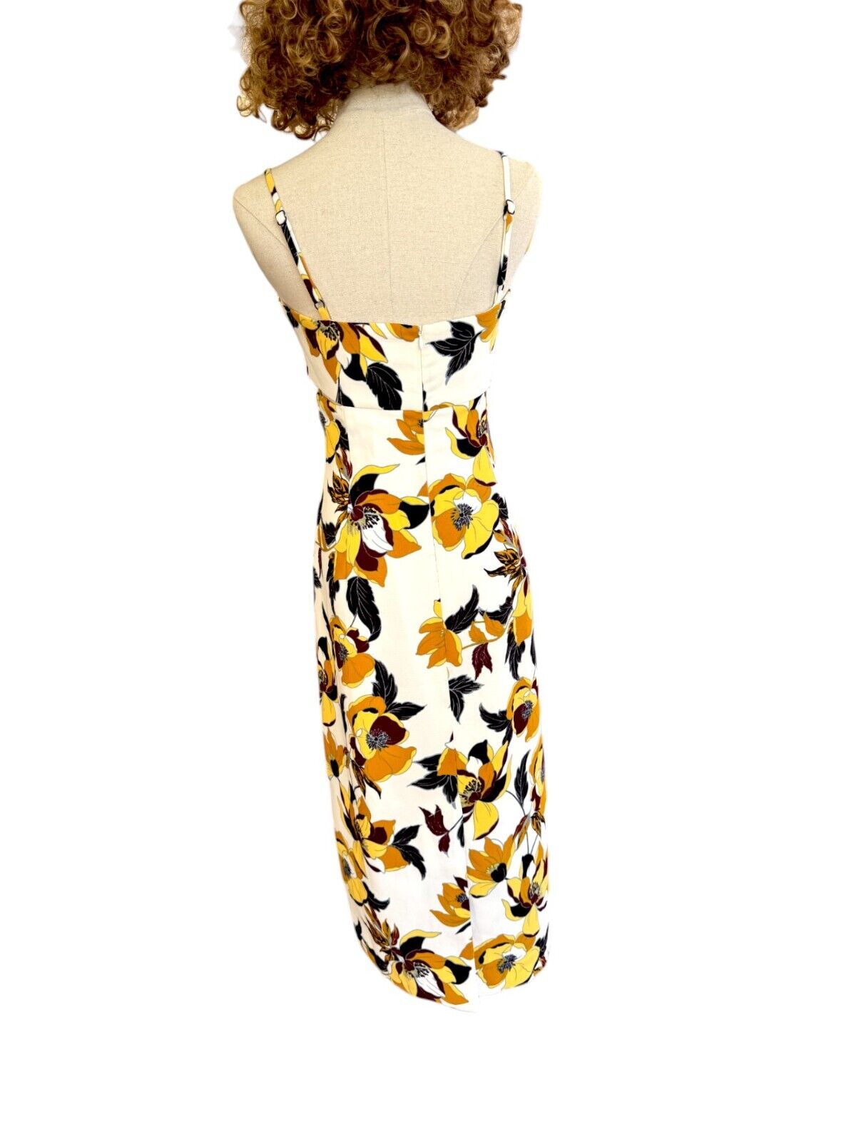 CUE Floral Midi Dress | Pencil, Yellow/black/White/Gold Floral, Side Cutouts