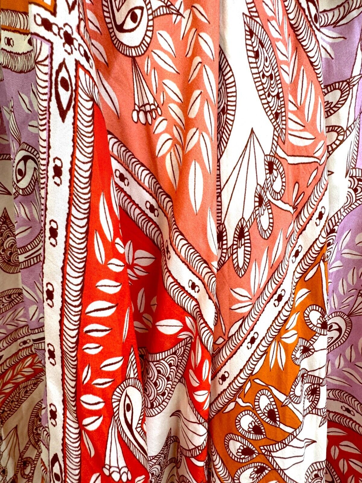 HANNAH ARTWEAR Delila Midi Skirt |100% Silk, Orange/Red Floral Print, Drawstring