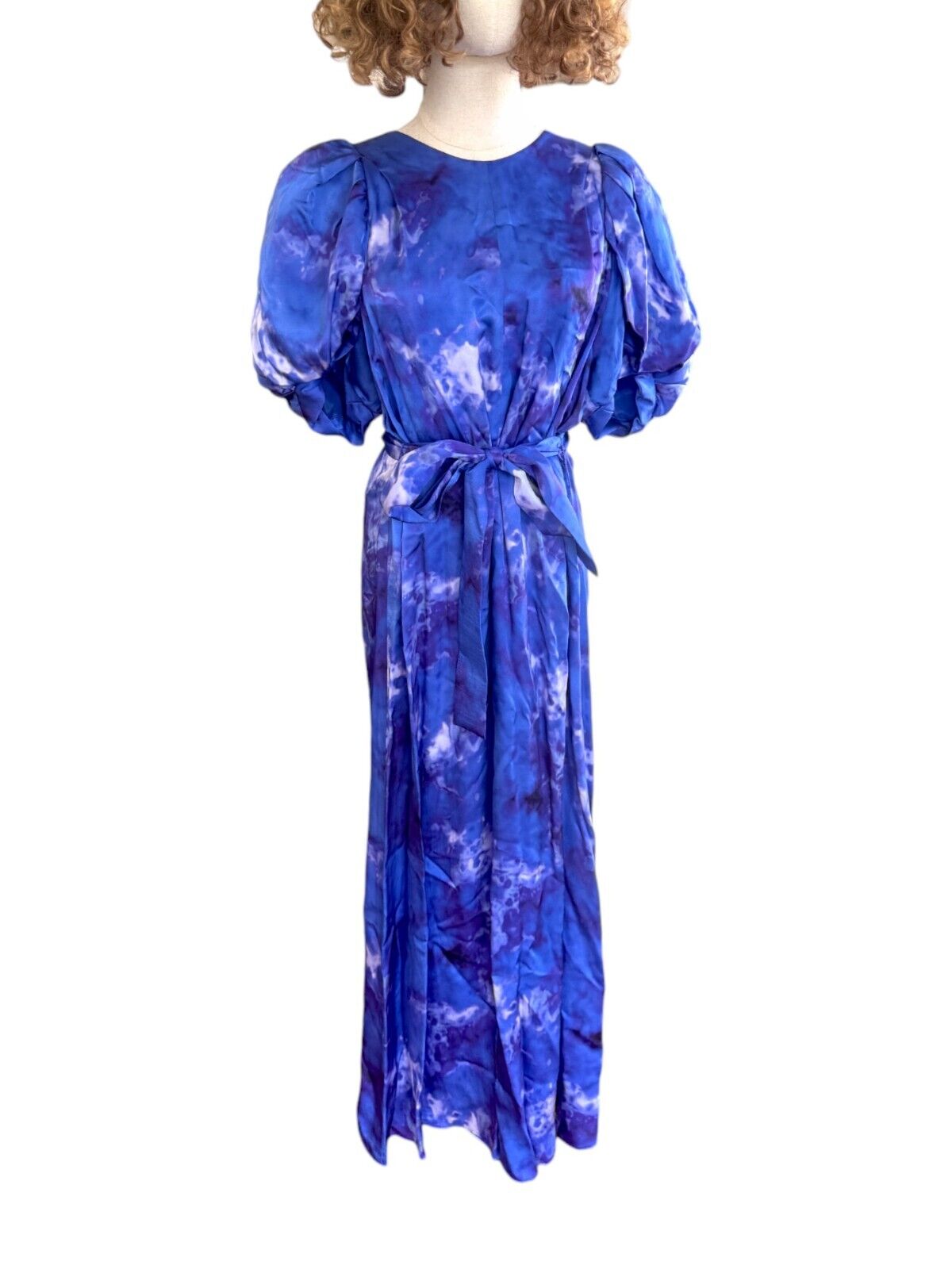 Veronika Maine Clouded Satin Midi Dress | Sz 10, Blue, Puff Sleeves, Match Belt