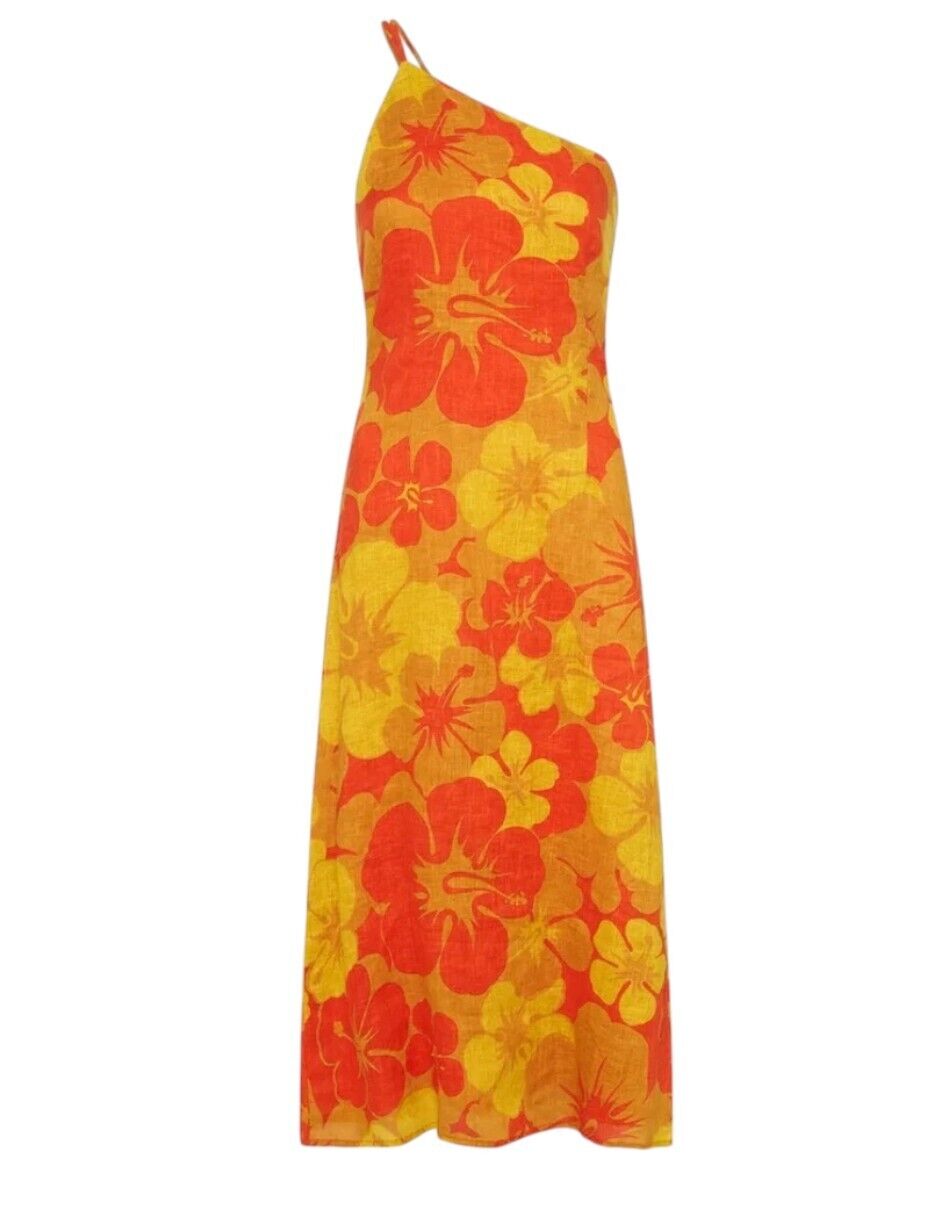 Faithful the Brand Soko Midi Dress | Orange/Yellow Floral Print, Sz 14/XL, Linen
