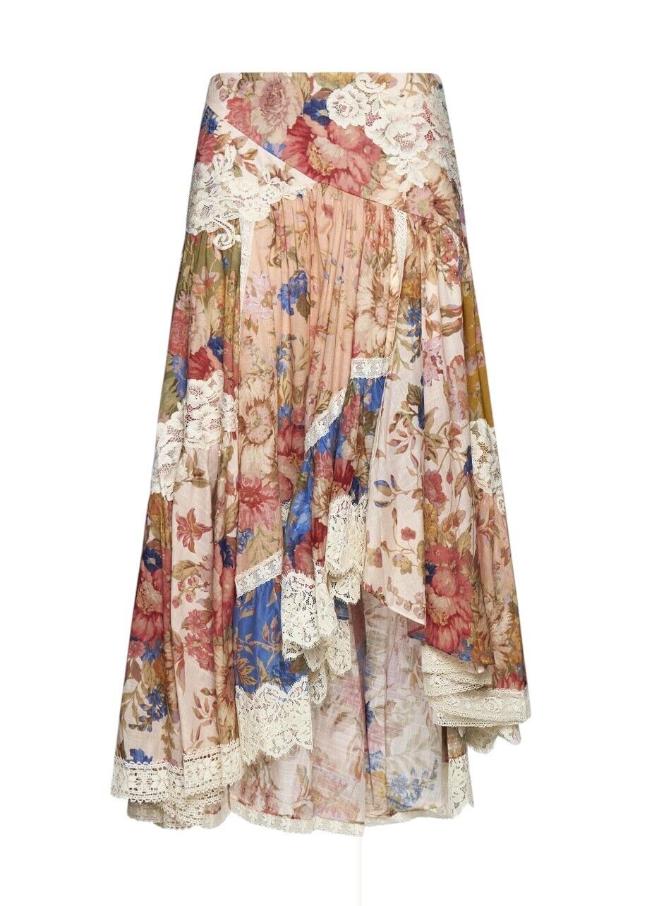 Zimmermann August Asymmetric Skirt | Floral, Lace, Cotton, Spliced, High Waist