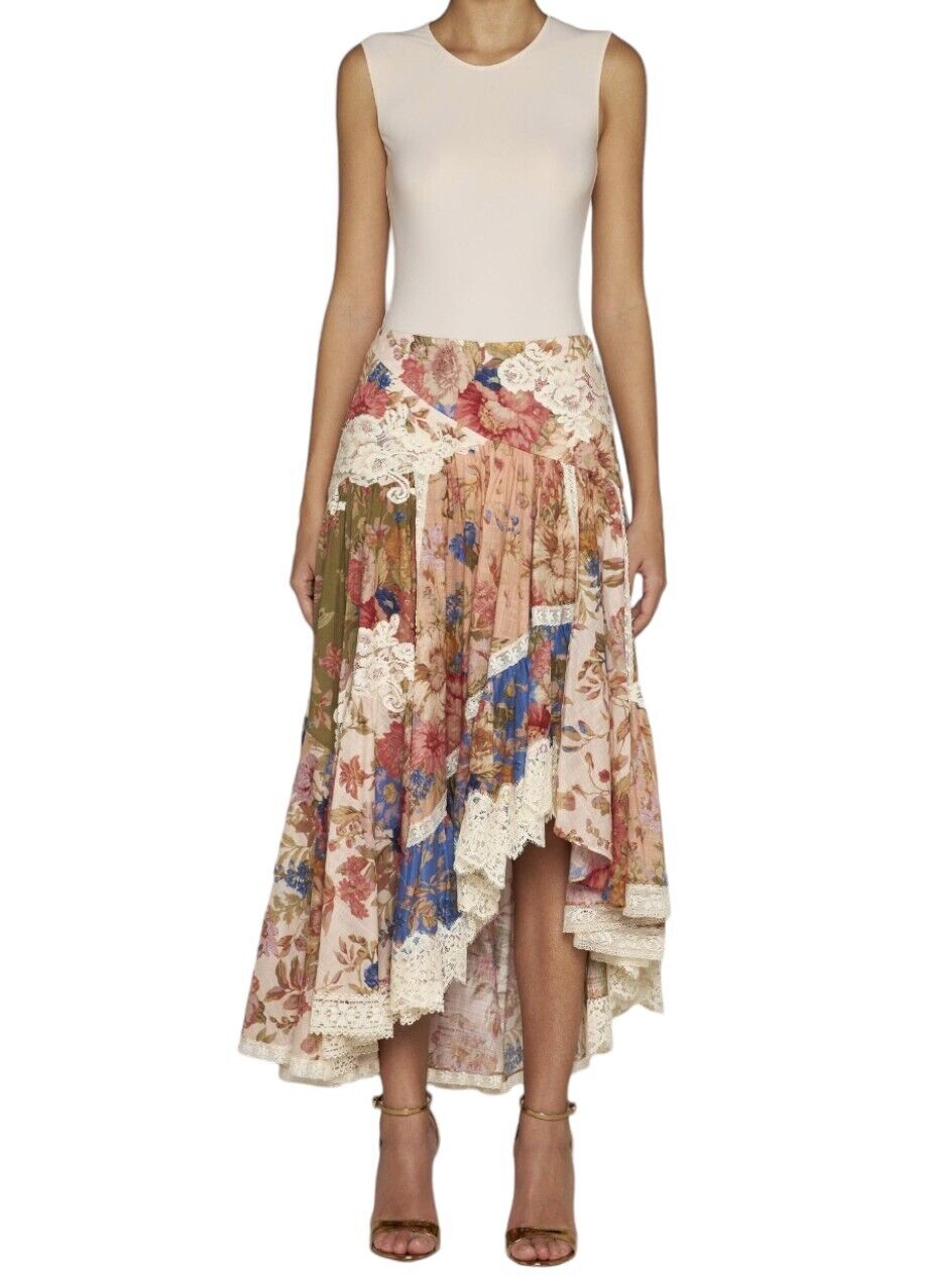 Zimmermann August Asymmetric Skirt | Floral, Lace, Cotton, Spliced, High Waist