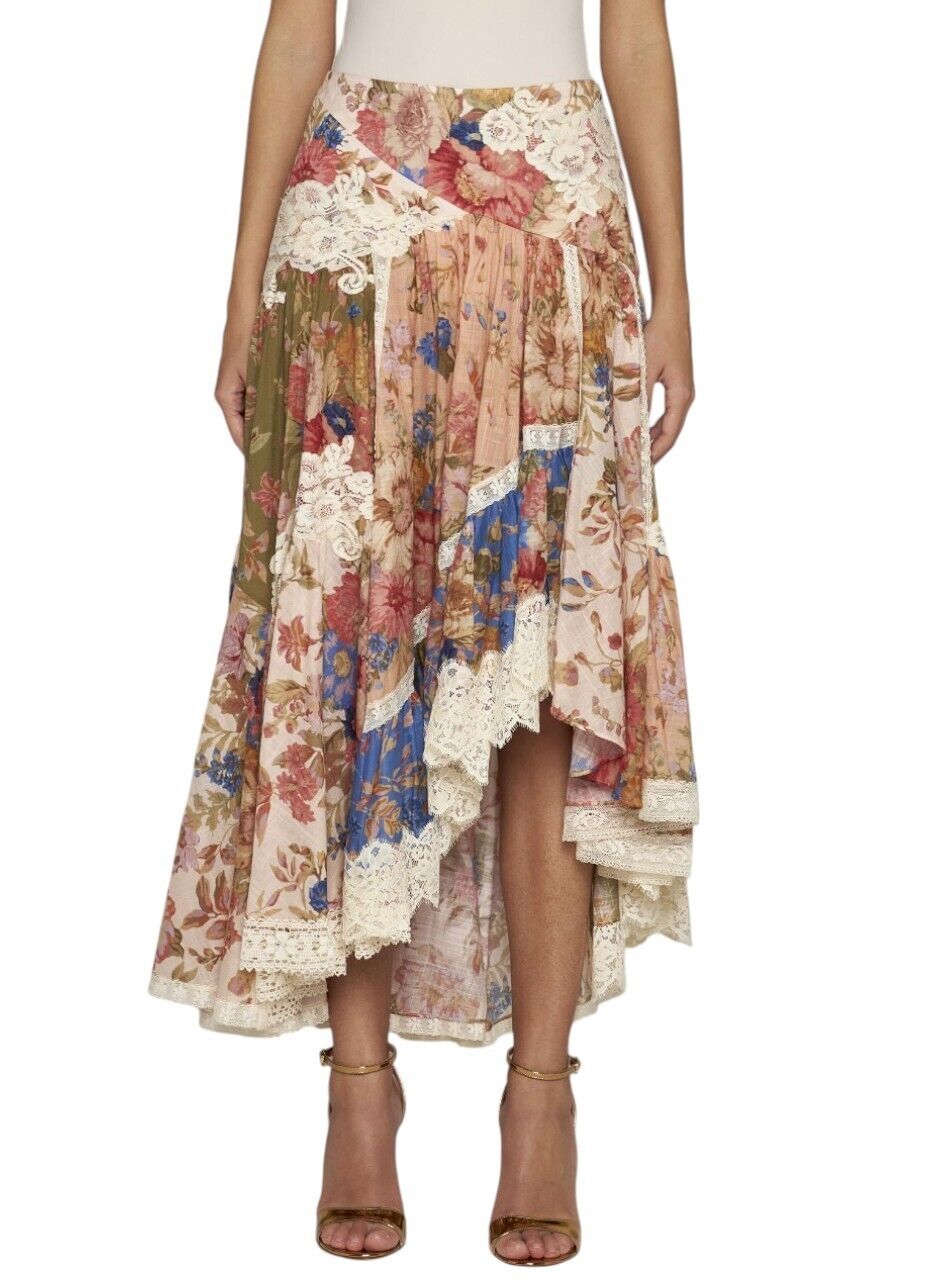 Zimmermann August Asymmetric Skirt | Floral, Lace, Cotton, Spliced, High Waist
