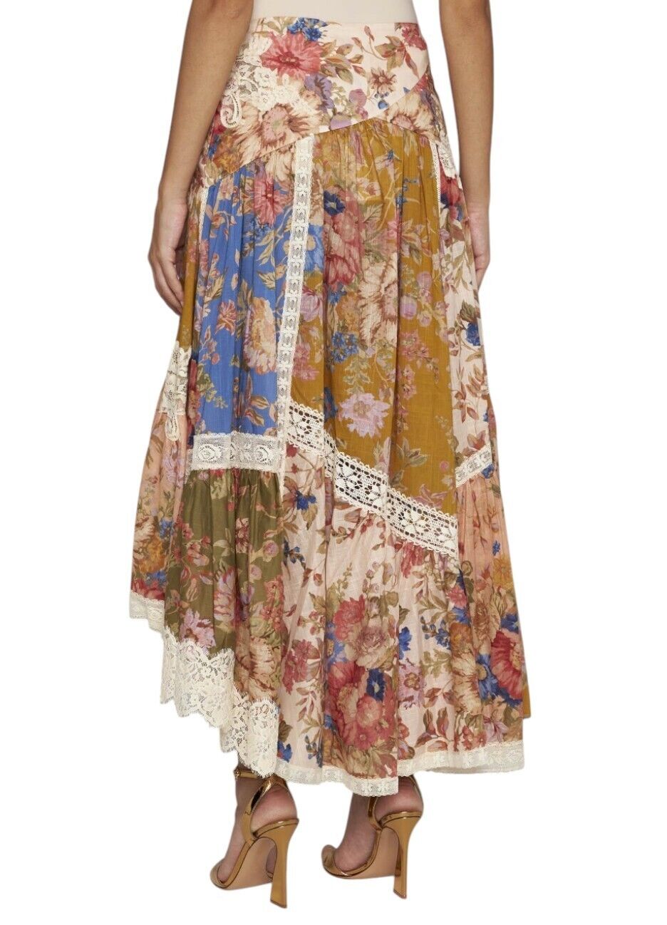 Zimmermann August Asymmetric Skirt | Floral, Lace, Cotton, Spliced, High Waist