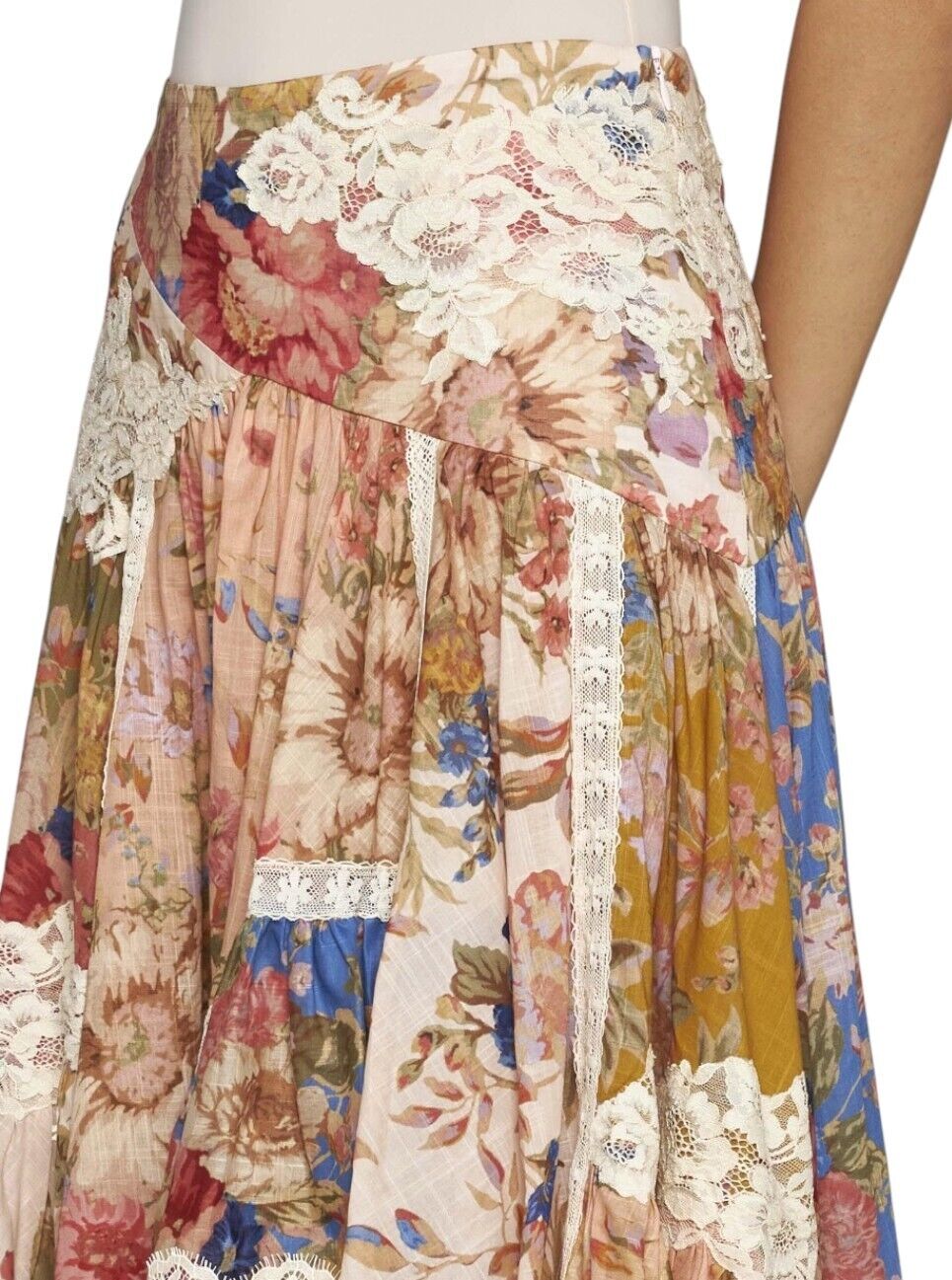 Zimmermann August Asymmetric Skirt | Floral, Lace, Cotton, Spliced, High Waist