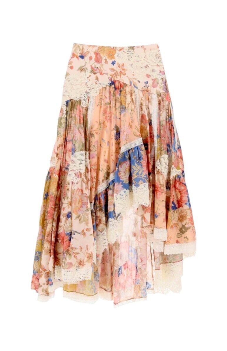 Zimmermann August Asymmetric Skirt | Floral, Lace, Cotton, Spliced, High Waist