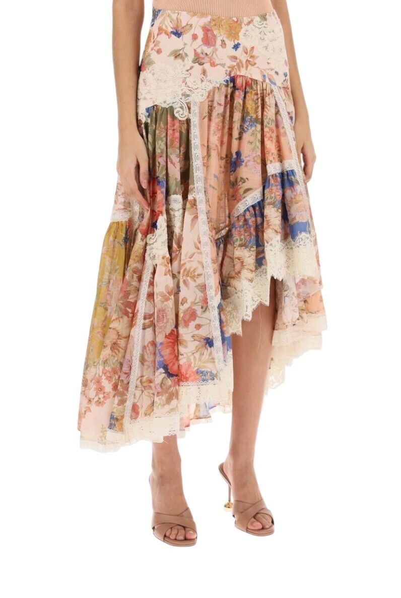 Zimmermann August Asymmetric Skirt | Floral, Lace, Cotton, Spliced, High Waist