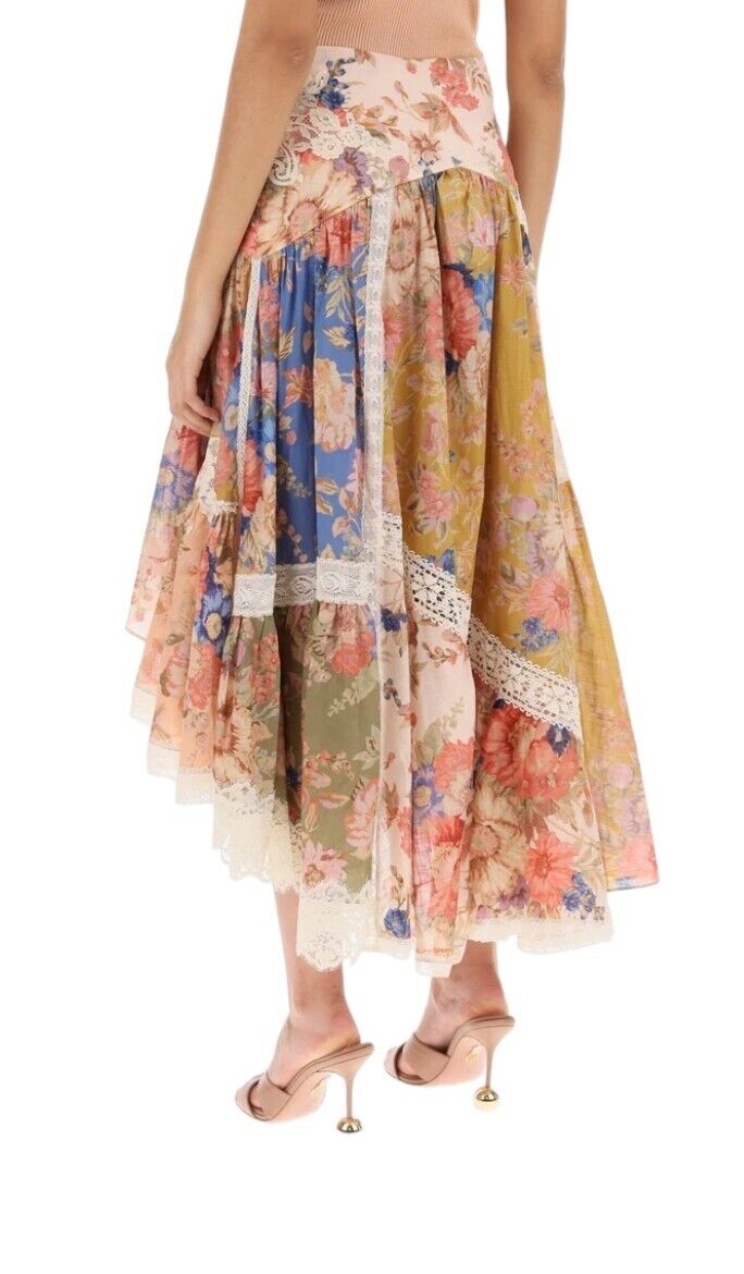 Zimmermann August Asymmetric Skirt | Floral, Lace, Cotton, Spliced, High Waist