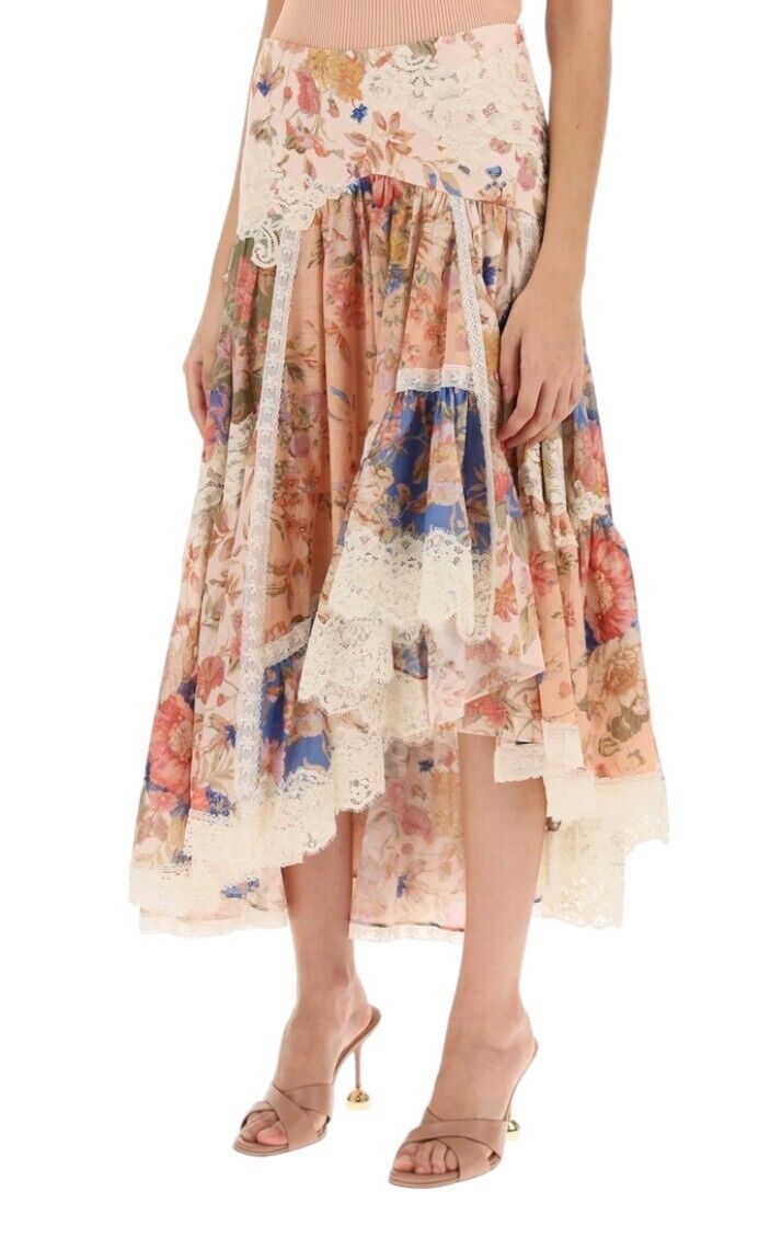 Zimmermann August Asymmetric Skirt | Floral, Lace, Cotton, Spliced, High Waist